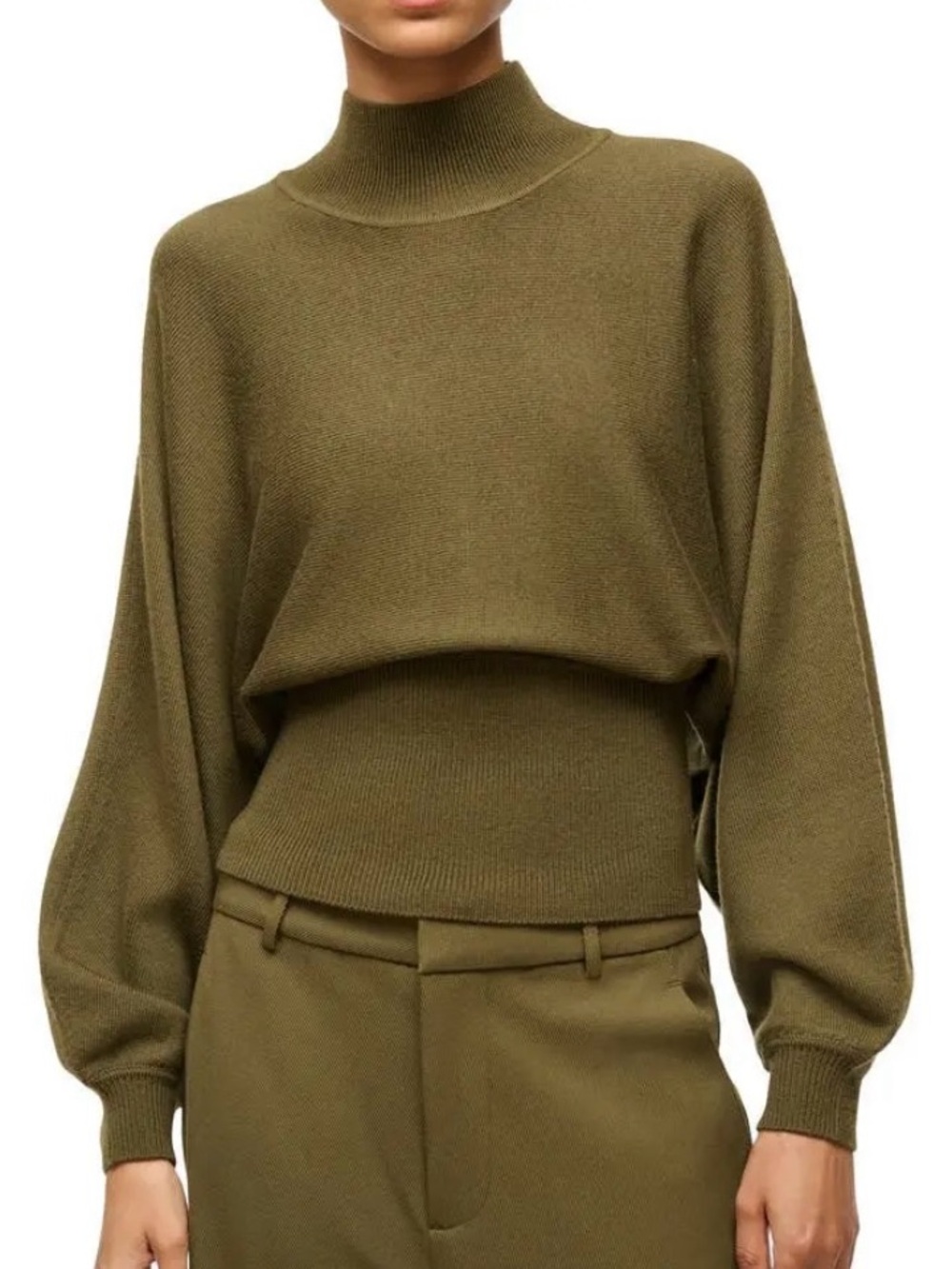 STAUD Bishop Sleeve Wool Mock Neck Sweater in Sargent Green